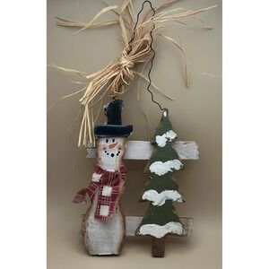 Primitive Country Wooden Winter Snowman & Tree Door Hanger Handmade/Hand Painted